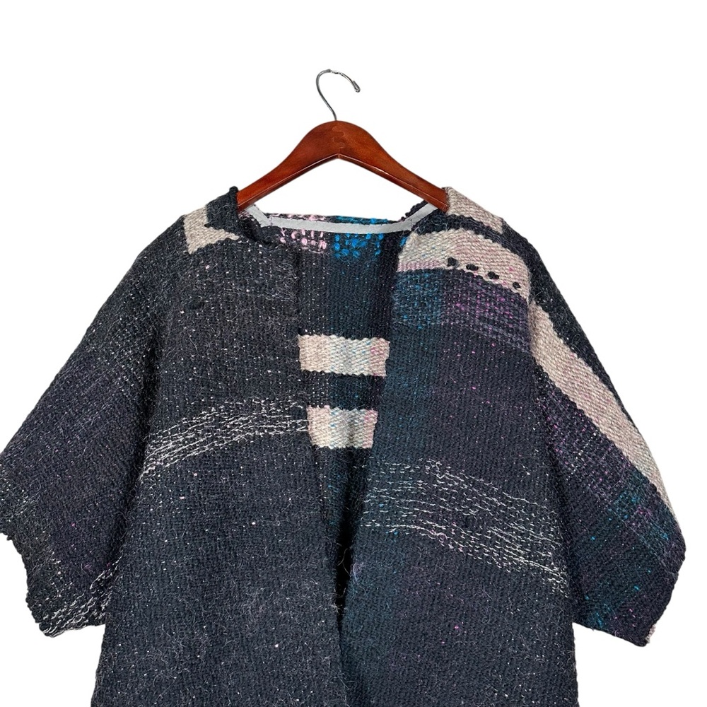 VINTAGE Boxy Open Front Woven Wool Saori Kimono Woven Poncho - Picture 3 of 10